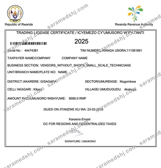 Rwanda trading license certificate Word and PDF template